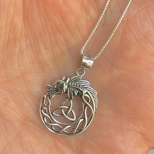 Celtic Triquetra with Dragon Sterling Silver Necklace, Trinity Knot Necklace